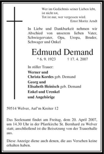 Traueranzeige von Edmund Demand von Tageszeitung
