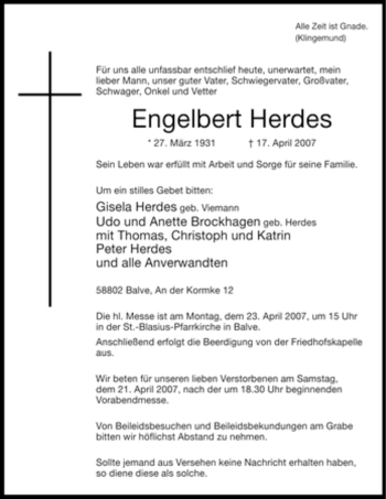 Traueranzeige von Engelbert Herdes von Tageszeitung