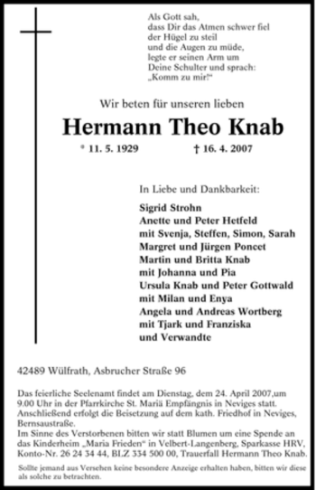 Traueranzeige von Hermann Theo Knab von Tageszeitung