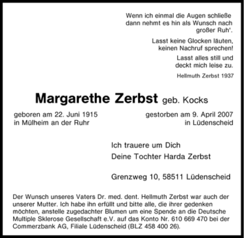 Traueranzeige von Margarethe Zerbst von Tageszeitung