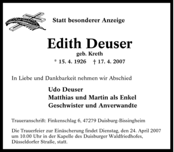 Traueranzeige von Edith Deuser von Tageszeitung
