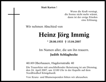 Traueranzeige von Heinz Jörg Immig von Tageszeitung