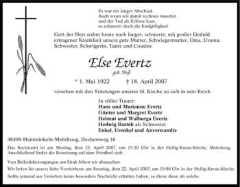 Traueranzeige von Else Evertz von Tageszeitung