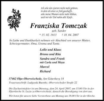 Traueranzeige von Franziska Tomczak von Tageszeitung