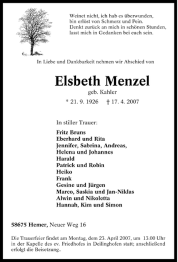 Traueranzeige von Elsbeth Menzel von Tageszeitung