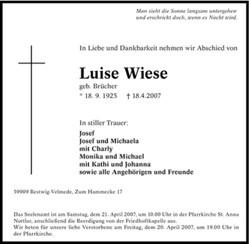 Traueranzeige von Luise Wiese von Tageszeitung