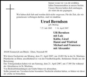 Traueranzeige von Ursel Berndsen von Tageszeitung