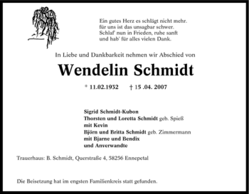 Traueranzeige von Wendelin Schmidt von Tageszeitung