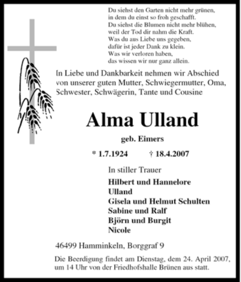 Traueranzeige von Alma Ulland von Tageszeitung