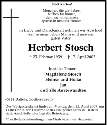 Traueranzeige von Herbert Stosch von Tageszeitung