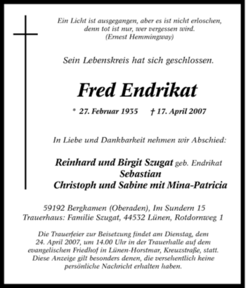 Traueranzeige von Fred Endrikat von Tageszeitung