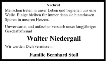 Traueranzeige von Walter Niedergall von Tageszeitung