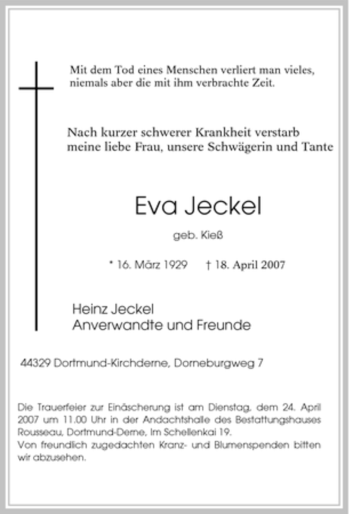 Traueranzeige von Eva Jeckel von Tageszeitung