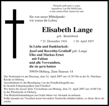 Traueranzeige von Elisabeth Lange von Tageszeitung