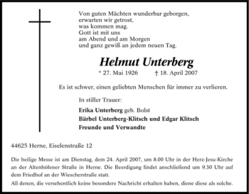 Traueranzeige von Helmut Unterberg von Tageszeitung