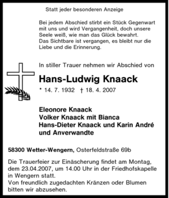 Traueranzeige von Hans-Ludwig Knaack von Tageszeitung