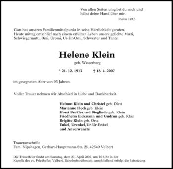Traueranzeige von Helene Klein von Tageszeitung