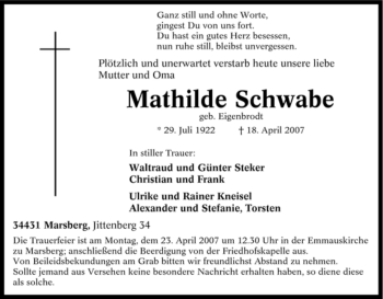 Traueranzeige von Mathilde Schwabe von Tageszeitung