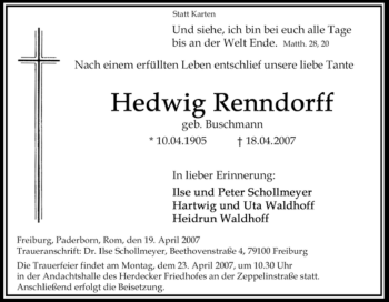Traueranzeige von Hedwig Renndorff von Tageszeitung
