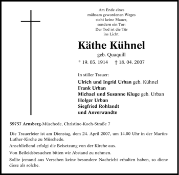 Traueranzeige von Käthe Kühnel von Tageszeitung