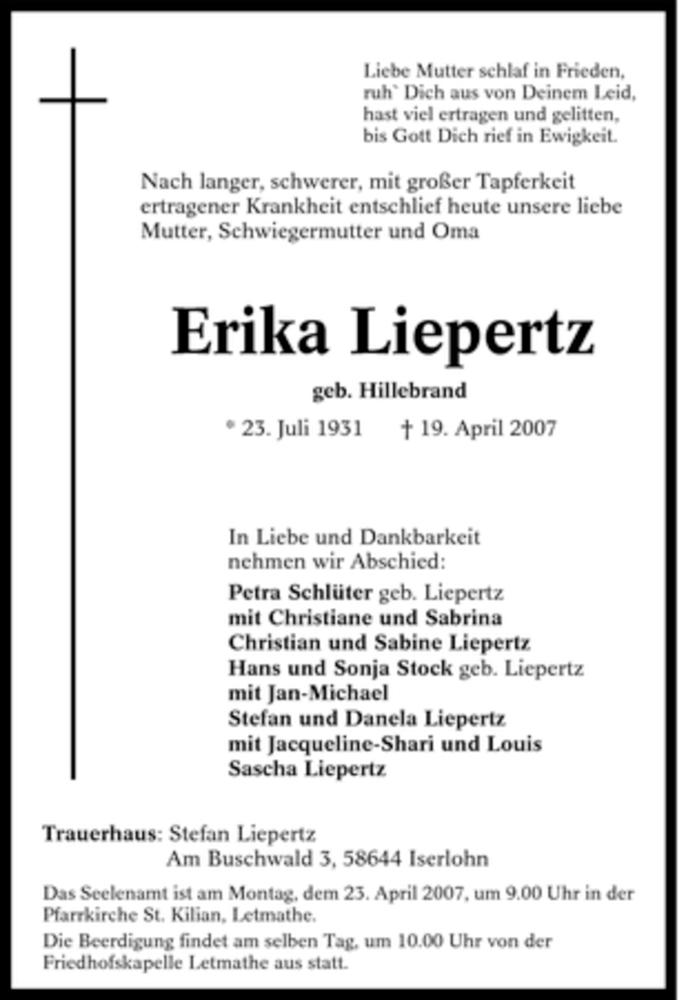  Traueranzeige für Erika Liepertz vom 20.04.2007 aus Tageszeitung