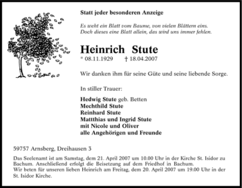 Traueranzeige von Heinrich Stute von Tageszeitung