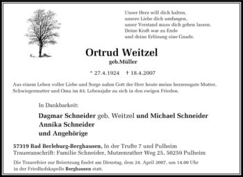 Traueranzeige von Ortrud Weitzel von Tageszeitung