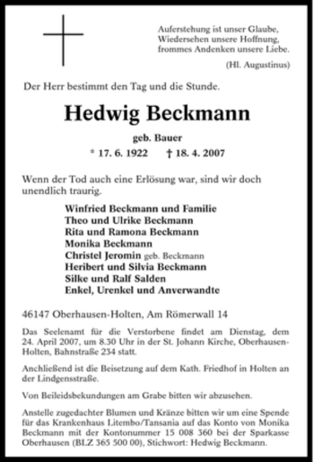 Traueranzeige von Hedwig Beckmann von Tageszeitung