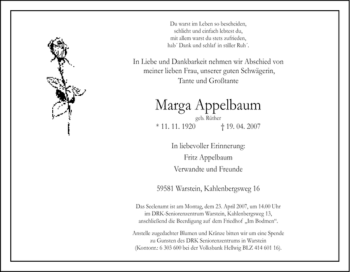 Traueranzeige von Marga Appelbaum von Tageszeitung