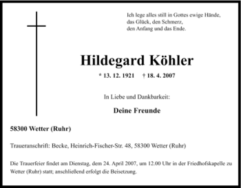 Traueranzeige von Hildegard Köhler von Tageszeitung