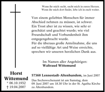 Traueranzeige von Horst Wittemund von Tageszeitung