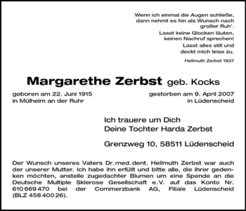 Traueranzeige von Margarethe Zerbst von Tageszeitung