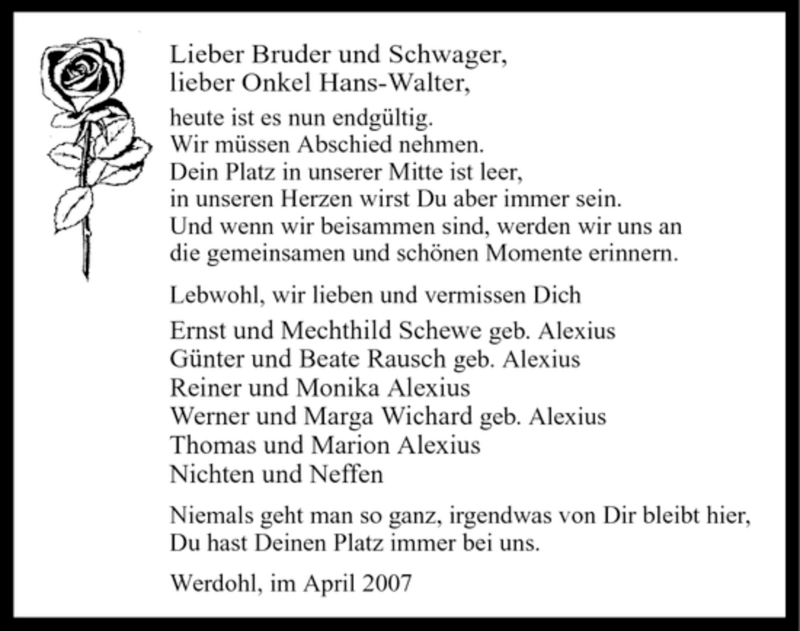 Traueranzeige für Hans-Walter Alexius vom 20.04.2007 aus Tageszeitung