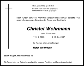 Traueranzeige von Christel Wehrmann von Tageszeitung