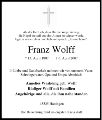 Traueranzeige von Franz Wolff von Tageszeitung