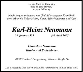 Traueranzeige von Karl-Heinz Neumann von Tageszeitung