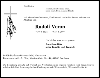 Traueranzeige von Rudolf Veron von Tageszeitung