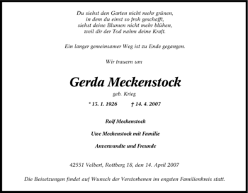 Traueranzeige von Gerda Meckenstock von Tageszeitung