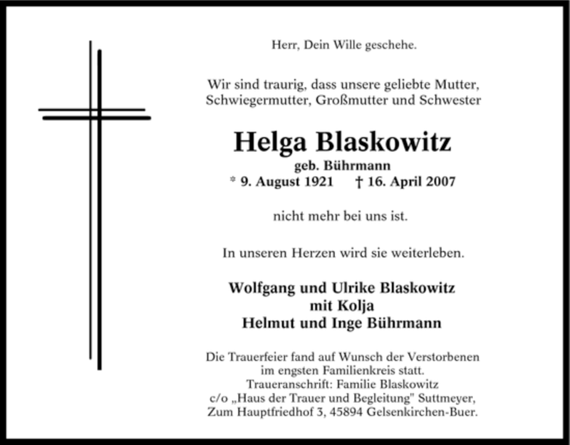  Traueranzeige für Helga Blaskowitz vom 21.04.2007 aus Tageszeitung