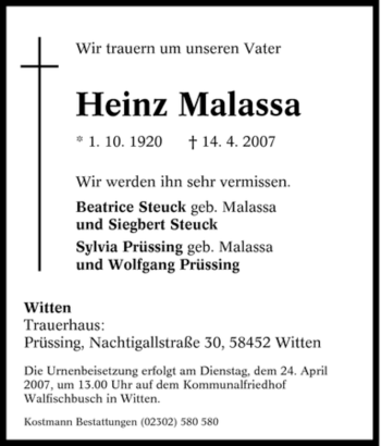 Traueranzeige von Heinz Malassa von Tageszeitung