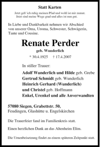 Traueranzeige von Renate Perder von Tageszeitung