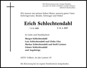 Traueranzeige von Erich Schlechtendahl von Tageszeitung