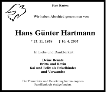 Traueranzeige von Hans Günter Hartmann von Tageszeitung