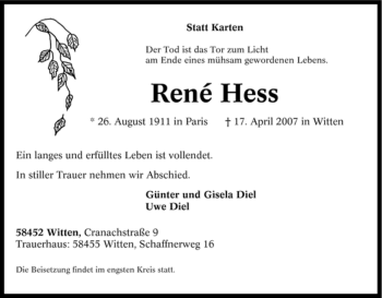 Traueranzeige von René Hess von Tageszeitung