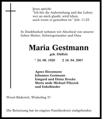Traueranzeige von Maria Gestmann von Tageszeitung