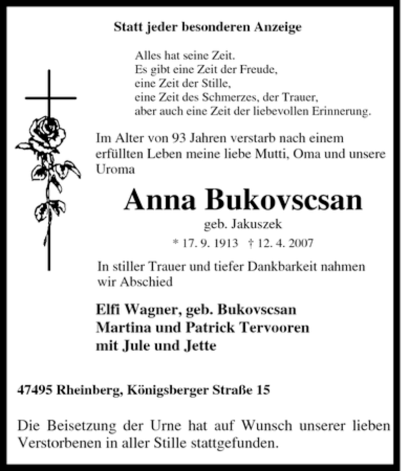  Traueranzeige für Anna Bukovscsan vom 21.04.2007 aus Tageszeitung