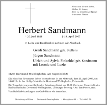 Traueranzeige von Herbert Sandmann von Tageszeitung