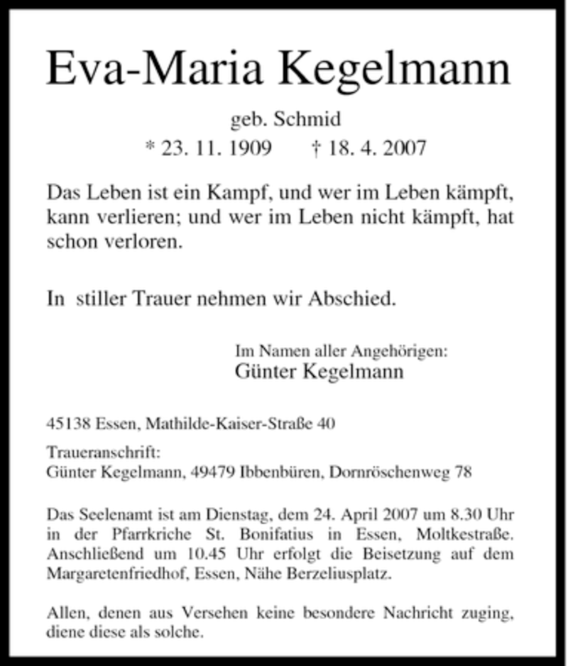  Traueranzeige für Eva-Maria Kegelmann vom 21.04.2007 aus Tageszeitung