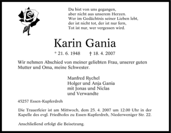 Traueranzeige von Karin Gania von Tageszeitung