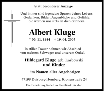 Traueranzeige von Albert Kluge von Tageszeitung